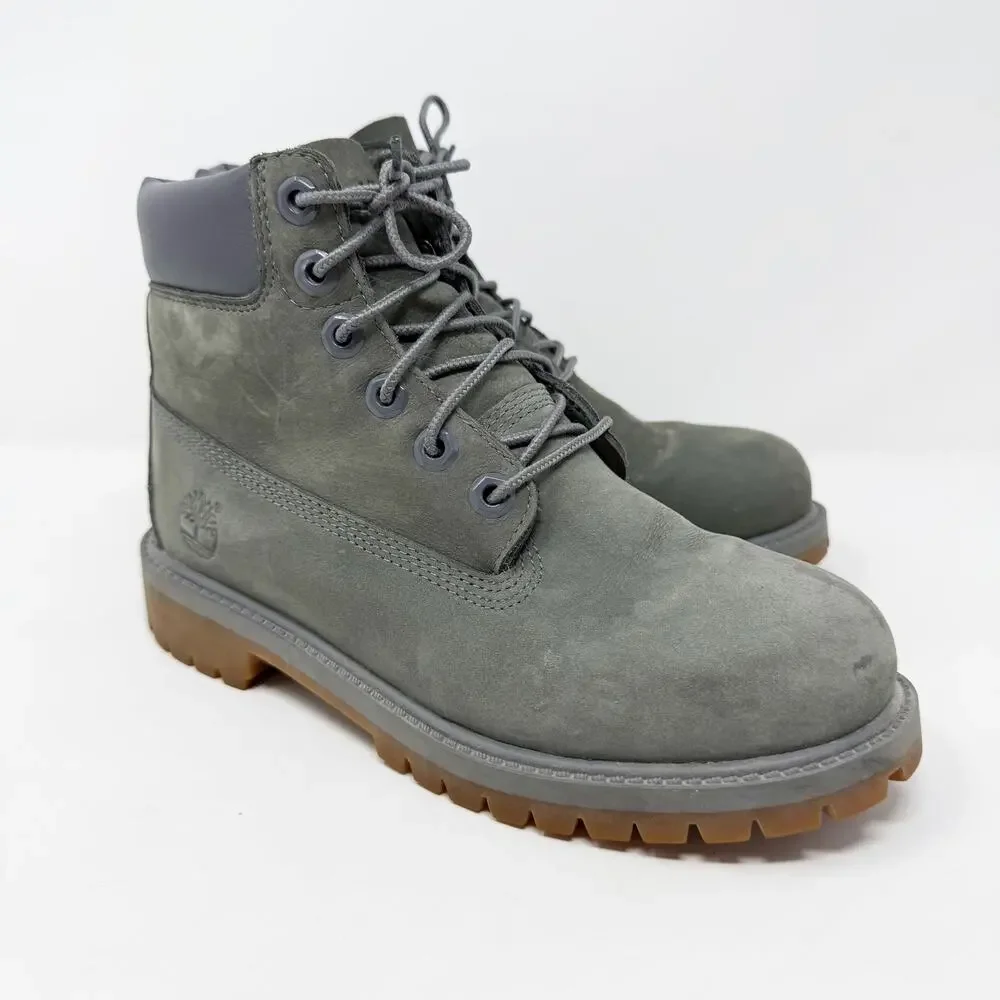 Timberland Gray Nubuck Leather 6 Inch Classic Boots Big Girls Size 4 EUC Lace Up